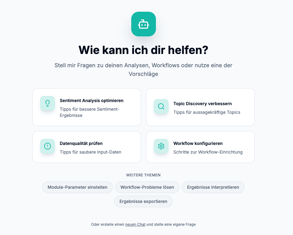 AI Assistant: Wie kann ich dir helfen? — Vorschläge für Sentiment, Topic Discovery, Datenqualität und Workflows